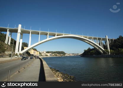the ponte da arrabida on the Douro River in Ribeira in the city centre of Porto in Porugal in Europe.. EUROPE PORTUGAL PORTO RIBEIRA PONTE DA ARRABIDA