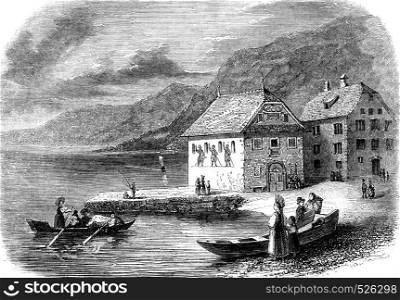 The Port of Brunnen in canton Schwyz, vintage engraved illustration. Magasin Pittoresque 1846.