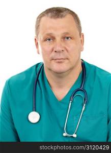 The portrait of a 50-year-old, blue-eyed doctor in a green smock with a stethoscope. Caucasian. Isolated on white.