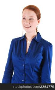 The portrait of a pretty woman with red hair in a blue blouse, smiling,standing for white background.