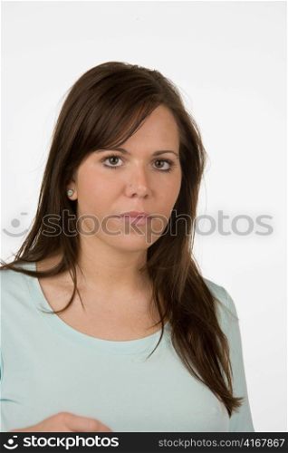 the portrait of a pretty young woman on a white background