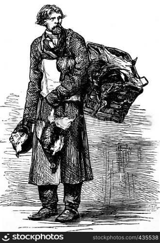 The poultry dealer, vintage engraved illustration. Journal des Voyages, Travel Journal, (1879-80).