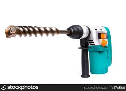 The powerful professional building puncher-hammer with the big drill on a white background