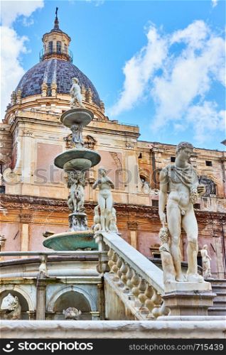 The Praetorian Fountain by Francesco Camilliani (Fountain of Shame, 1574) in Piazza Pretoria in Palermo, Sicily, Italy
