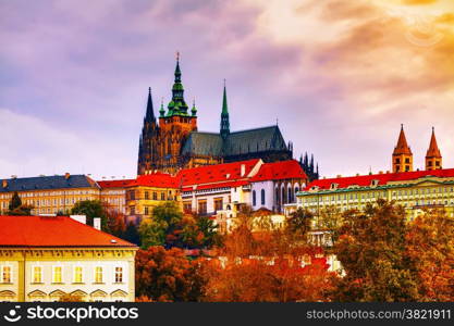 The Prague castle close up in the evening at sunset