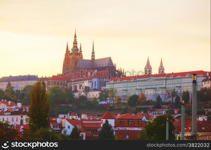 The Prague castle close up in the evening at sunset