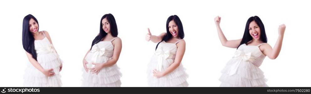 The pregnant woman in wedding dress on white. Pregnant woman in wedding dress on white