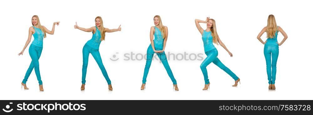 The pretty blond woman in blue pants and shirt isolated on white. Pretty blond woman in blue pants and shirt isolated on white