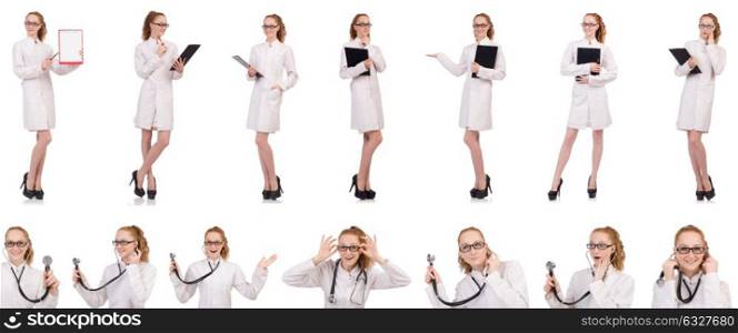 The pretty female doctor holding diary isolated on white. Pretty female doctor holding diary isolated on white
