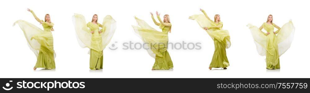 The pretty girl in elegant green dress isolated on white. Pretty girl in elegant green dress isolated on white