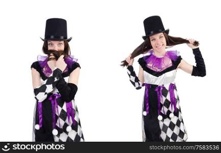 The pretty girl in jester costume isolated on white. Pretty girl in jester costume isolated on white