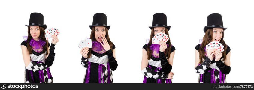 The pretty girl in jester costume with cards isolated on white. Pretty girl in jester costume with cards isolated on white
