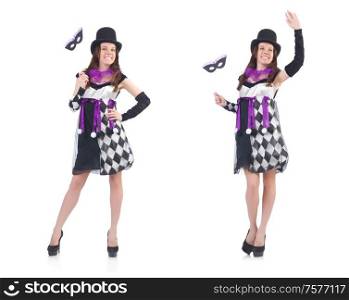 The pretty girl in jester costume with mask isolated on white. Pretty girl in jester costume with mask isolated on white