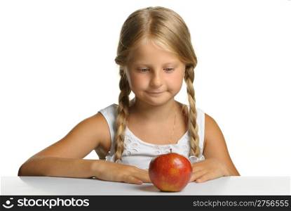 The pretty girl wishes to eat an apple. It is isolated on a white background