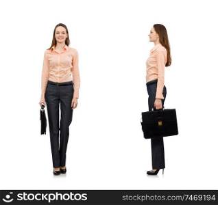 The pretty office manager holding briefcase isolated on white. Pretty office manager holding briefcase isolated on white