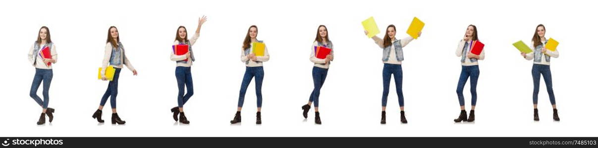 The pretty student holding textbooks isolated on white. Pretty student holding textbooks isolated on white