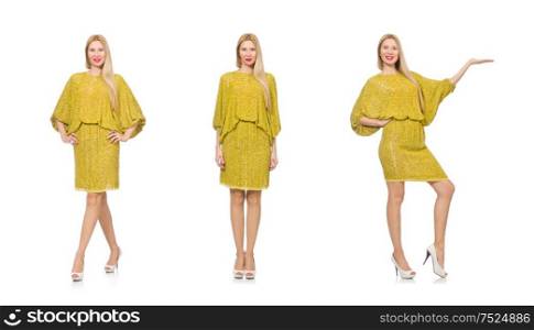 The pretty tall woman in yellow dress isolated on white. Pretty tall woman in yellow dress isolated on white