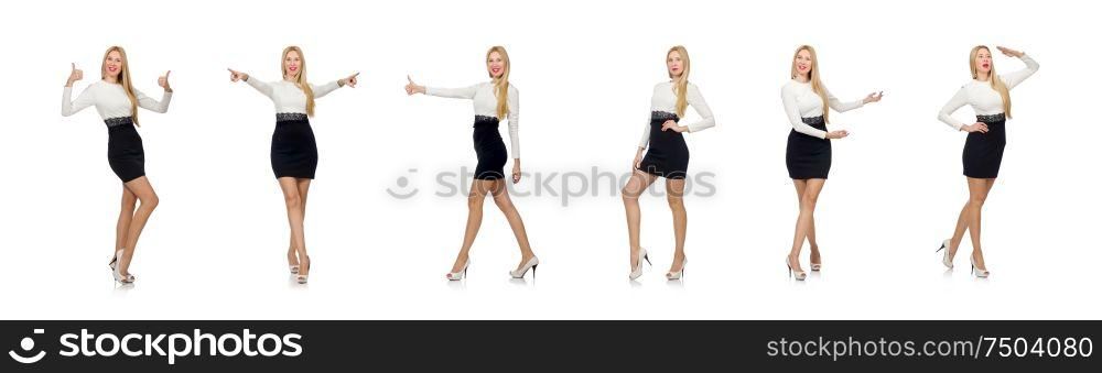The pretty woman in black and white dress isolated on white. Pretty woman in black and white dress isolated on white