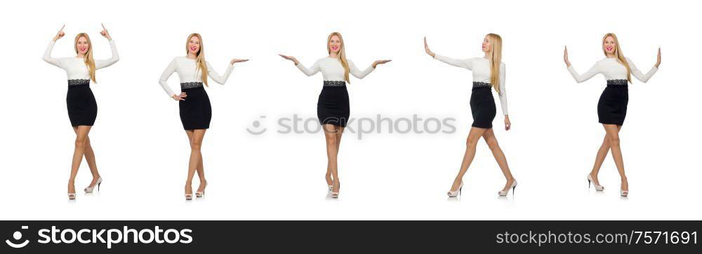 The pretty woman in black and white dress isolated on white. Pretty woman in black and white dress isolated on white