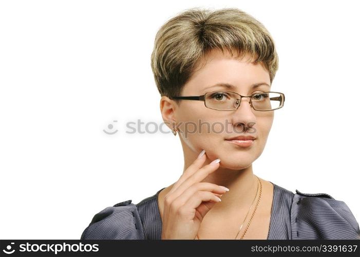 The pretty woman in glasses. It is isolated on a white background