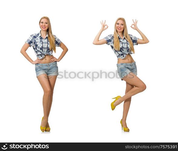 The pretty woman in jeans shorts isolated on white. Pretty woman in jeans shorts isolated on white