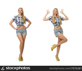 The pretty woman in jeans shorts isolated on white. Pretty woman in jeans shorts isolated on white