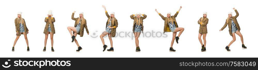 The pretty woman in jeans shorts isolated on white. Pretty woman in jeans shorts isolated on white