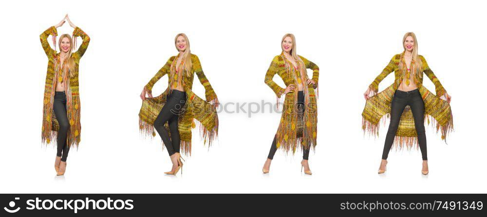 The pretty woman in long yellow jacket isolated on white. Pretty woman in long yellow jacket isolated on white