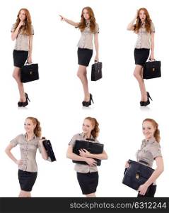 The pretty young employee with briefcase isolated on white. Pretty young employee with briefcase isolated on white