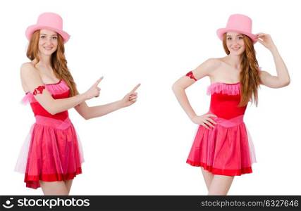 The pretty young wizard in mini pink dress isolated on white. Pretty young wizard in mini pink dress isolated on white