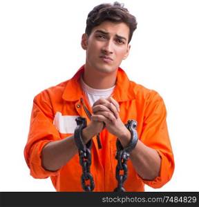 The prisoner with his hands chained isolated on white background. Prisoner with his hands chained isolated on white background