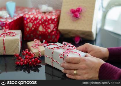 The process of packing gifts for handmade, New Year and Christmas
