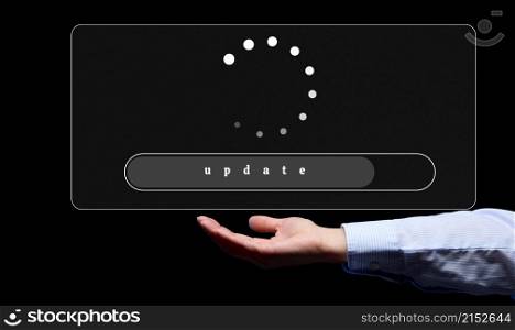 the process of updating the program, site. Starting up a new business and a woman&rsquo;s hand on a black background