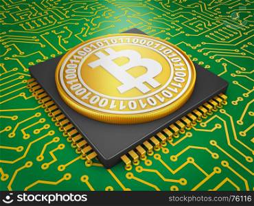 The processor on the board and coin bitcoin. 3d rendering.