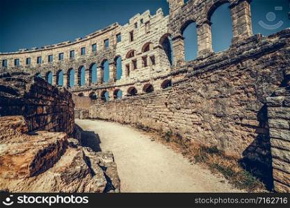The Pula Arena is the famous Roman amphitheater in Pula, Istria, Croatia, Europe. It was constructed in 27 BC?68 AD.