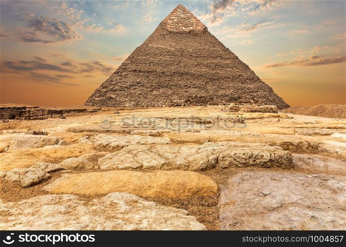 The Pyramid of Chephren in Giza, sunset view.. The Pyramid of Chephren in Giza, sunset view