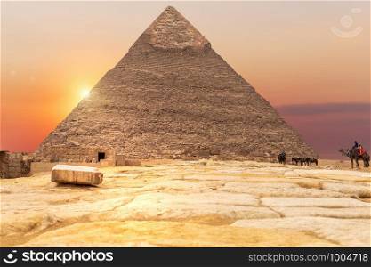 The Pyramid of Chephren in the rays of sunset, Egypt.. The Pyramid of Chephren in the rays of sunset, Egypt