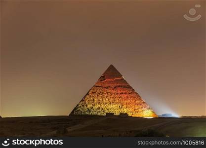 The Pyramid of Chephren night view in the lights, Giza.. The Pyramid of Chephren night view in the lights, Giza