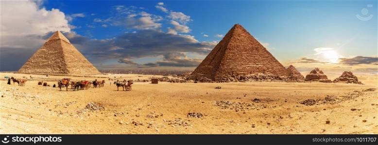 The Pyramid of Khafre and the Pyramid of Menkaure with small Pyramids, Giza complex panorama, Egypt.. The Pyramid of Khafre and the Pyramid of Menkaure with small Pyramids, Giza complex panorama, Egypt