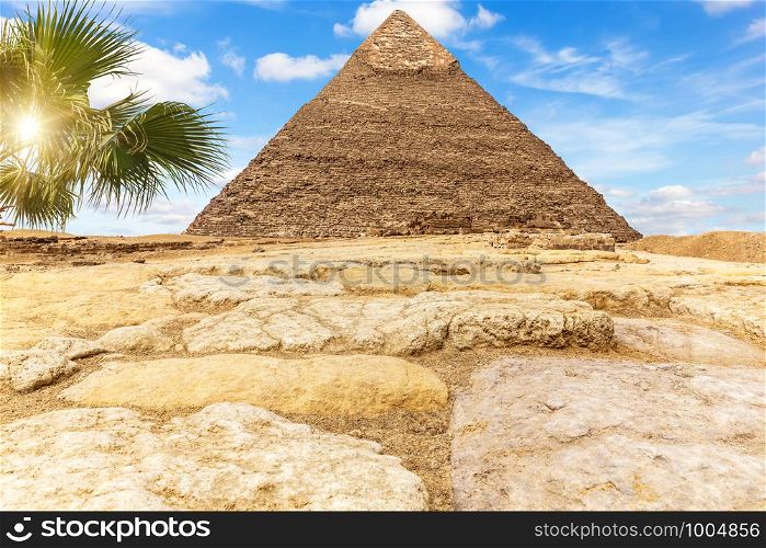 The Pyramid of Khafre Chephren in the sunny desert of Giza, Egypt.. The Pyramid of Khafre Chephren in the sunny desert of Giza, Egypt