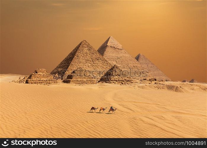 The Pyramids in the sunset desert of Giza, Egypt.. The Pyramids in the sunset desert of Giza, Egypt