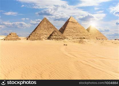 The Pyramids of Giza, view from the desert, Egypt.. The Pyramids of Giza, view from the desert, Egypt