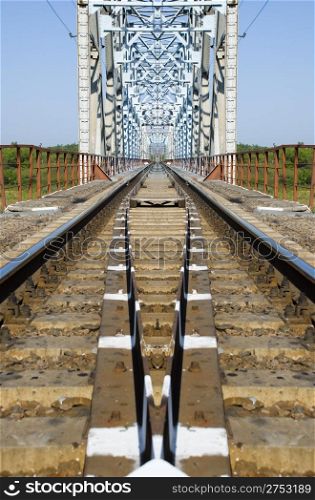 The railway bridge through the river. East Ukraine. The river - Severski Donets