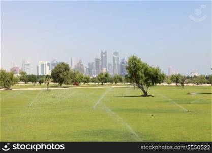 The rapidly expanding park area in Central Doha, Qatar, where the desert is being turned green as part of a massive city redevelopment programme.