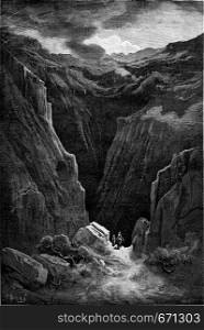 The ravine of Poqueira in the Alpujarras, vintage engraved illustration. Le Tour du Monde, Travel Journal, (1865).