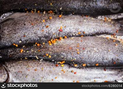 The raw trout prepared for baking close up