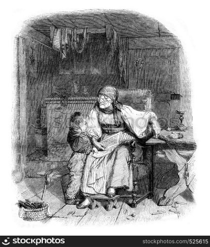 The reading lesson, vintage engraved illustration. Magasin Pittoresque 1846.