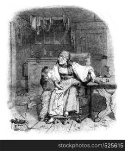 The reading lesson, vintage engraved illustration. Magasin Pittoresque 1846.