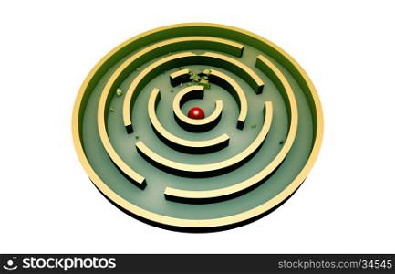 The red ball in the middle of a round turquoise maze.&#xA;3d image (isolated white background).