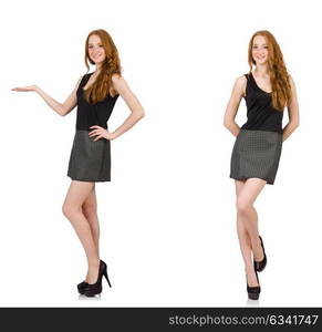 The red hair girl in gray dress isolated on white. Red hair girl in gray dress isolated on white